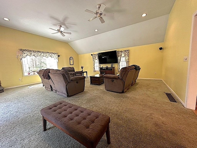 living area featuring baseboards, ceiling fan, recessed lighting, carpet, and vaulted ceiling