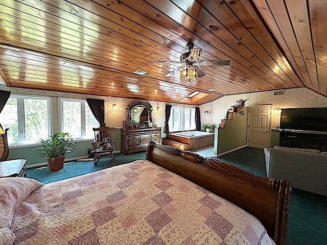 bedroom with visible vents, carpet flooring, lofted ceiling, and wooden ceiling