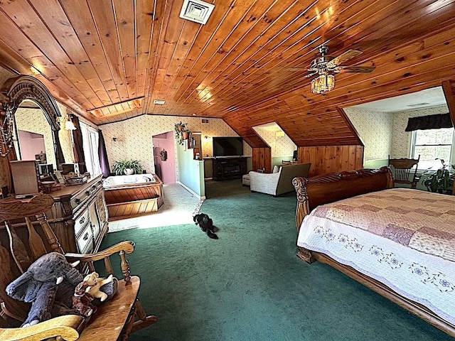 bedroom featuring carpet, wallpapered walls, lofted ceiling, visible vents, and wood ceiling
