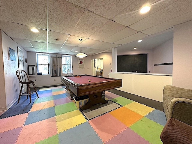 playroom featuring baseboards, recessed lighting, tile patterned floors, and pool table