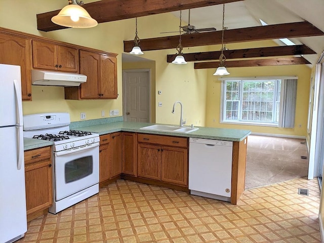 kitchen with a sink, lofted ceiling with beams, a peninsula, under cabinet range hood, and white appliances