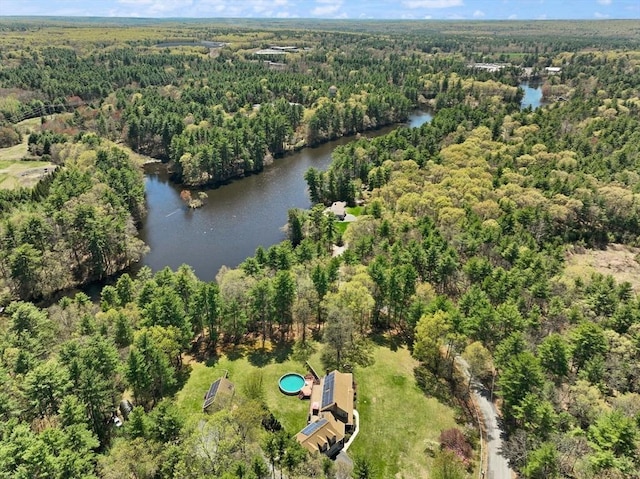 bird's eye view with a water view and a view of trees
