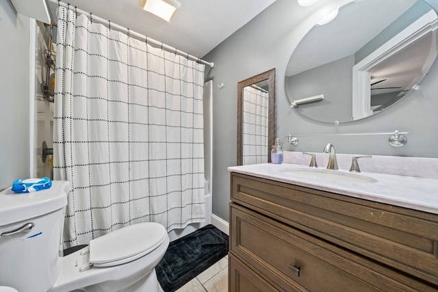 full bathroom with vanity, shower / bath combo, tile patterned flooring, and toilet