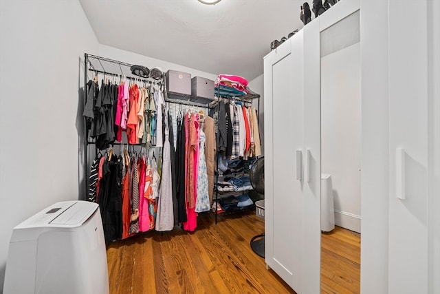 walk in closet with wood-type flooring