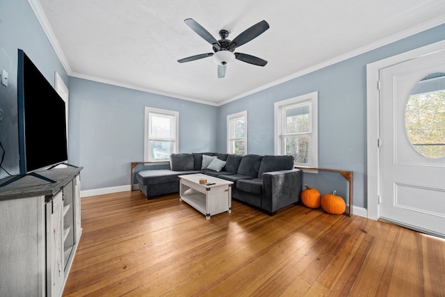 living room with light hardwood / wood-style floors, ceiling fan, and ornamental molding