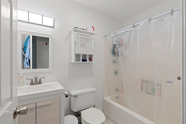bathroom featuring shower / bath combo, toilet, and vanity