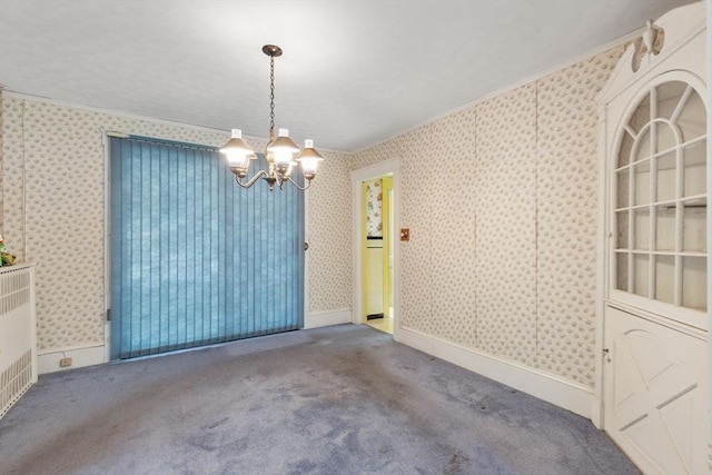 34 Worcester St, Grafton, MA 01519 - unfurnished dining area with crown molding, a chandelier, wallpapered walls, and carpet floors