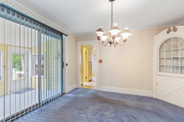 34 Worcester St, Grafton, MA 01519 - unfurnished dining area featuring carpet, a chandelier, wallpapered walls, ornamental molding, and baseboards