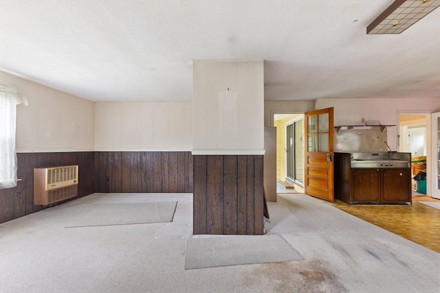 34 Worcester St, Grafton, MA 01519 - kitchen featuring wood walls, a wainscoted wall, heating unit, and carpet