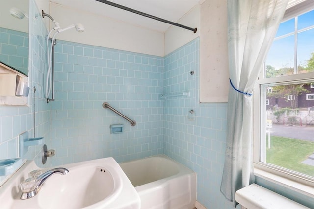 34 Worcester St, Grafton, MA 01519 - bathroom with a sink, tile walls, and shower / bath combination