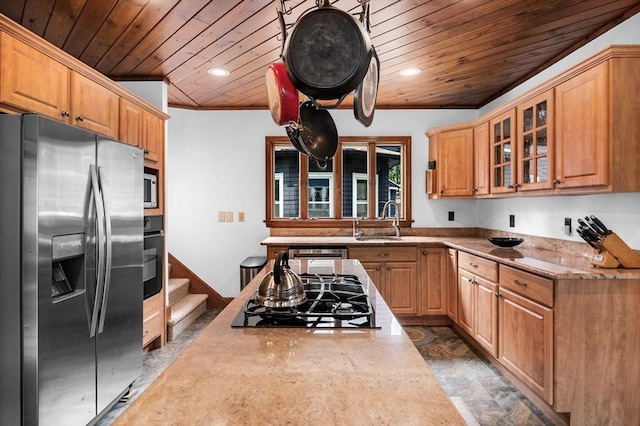 31 Cedar Hill Ter, Swampscott, MA 01907 - kitchen featuring black appliances, a sink, wood ceiling, glass insert cabinets, and recessed lighting