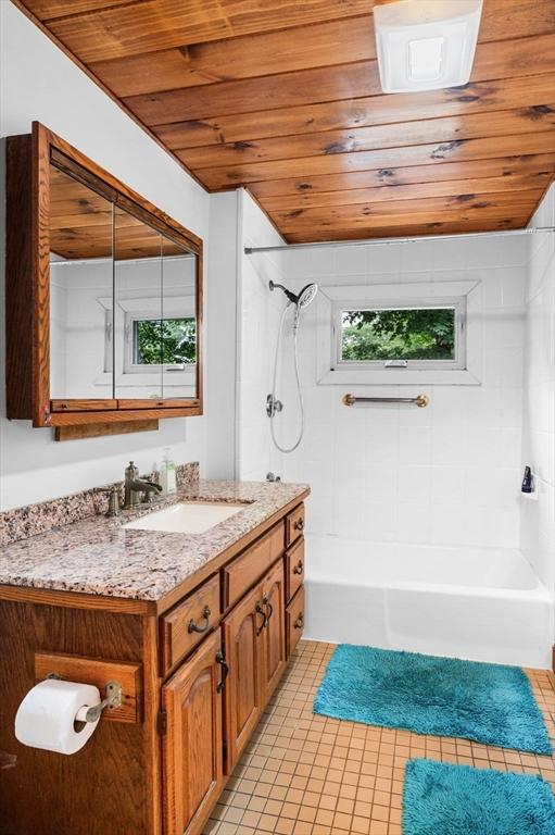 31 Cedar Hill Ter, Swampscott, MA 01907 - bathroom with wooden ceiling, vanity, bathing tub / shower combination, and tile patterned flooring