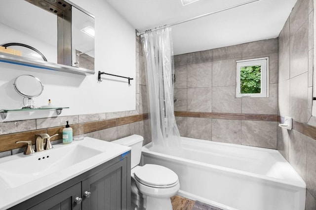 31 Cedar Hill Ter, Swampscott, MA 01907 - bathroom with toilet, shower / bath combo with shower curtain, vanity, and tile walls