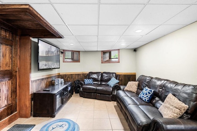 31 Cedar Hill Ter, Swampscott, MA 01907 - living area with light tile patterned floors, a wainscoted wall, wooden walls, a drop ceiling, and recessed lighting