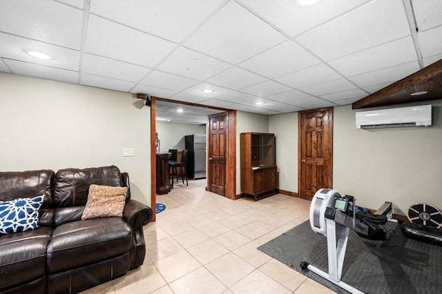 31 Cedar Hill Ter, Swampscott, MA 01907 - workout room with an AC wall unit, light tile patterned floors, a drop ceiling, and recessed lighting