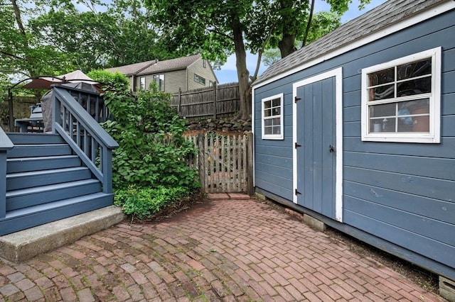 31 Cedar Hill Ter, Swampscott, MA 01907 - view of patio featuring a storage shed and stairs