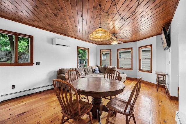 31 Cedar Hill Ter, Swampscott, MA 01907 - dining room with baseboard heating, a wall mounted air conditioner, wood ceiling, light wood-type flooring, and ceiling fan