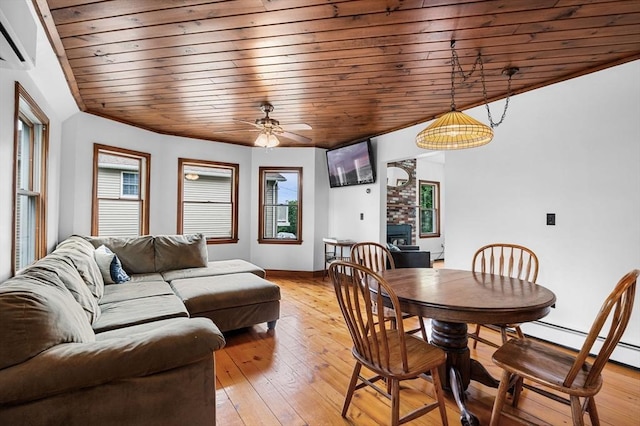 31 Cedar Hill Ter, Swampscott, MA 01907 - dining room with wood ceiling, a wall unit AC, a ceiling fan, light wood-type flooring, and baseboards