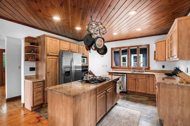 31 Cedar Hill Ter, Swampscott, MA 01907 - kitchen with appliances with stainless steel finishes, wooden ceiling, a kitchen island, light stone counters, and open shelves