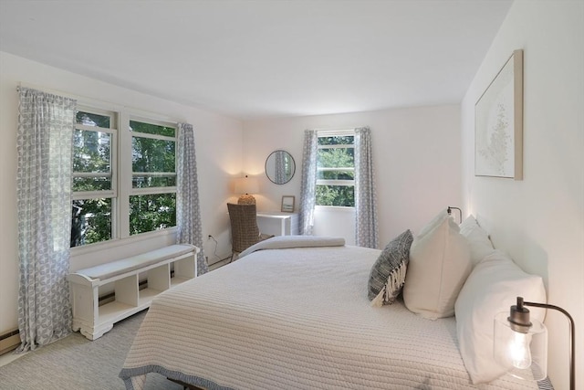 bedroom with baseboard heating and carpet