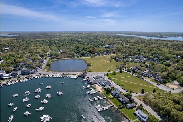 birds eye view of property with a water view and a view of trees
