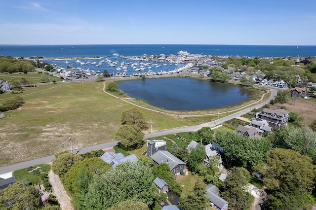 drone / aerial view featuring a water view