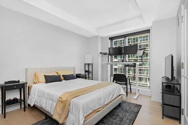 bedroom featuring light wood-type flooring and a tray ceiling