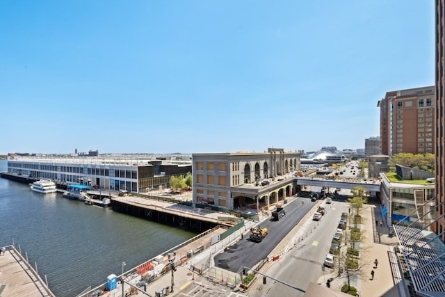 exterior space with a water view