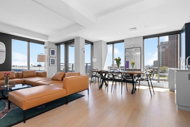 living room featuring expansive windows and light hardwood / wood-style floors