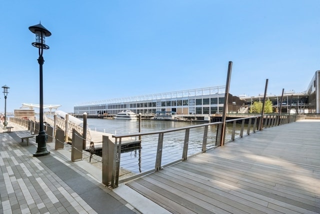 dock area with a water view