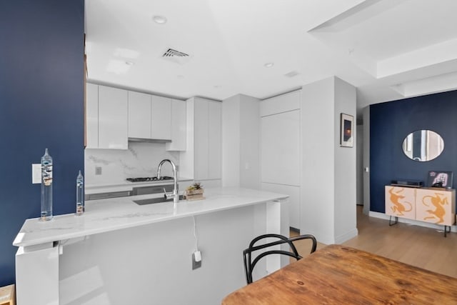 kitchen with light hardwood / wood-style floors, white cabinetry, sink, and light stone counters