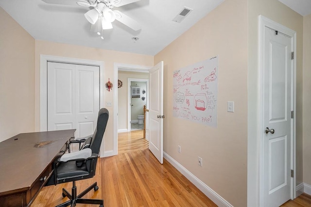 44 Sachem St, Waltham, MA 02451 - home office with a ceiling fan, baseboards, and light wood-style flooring