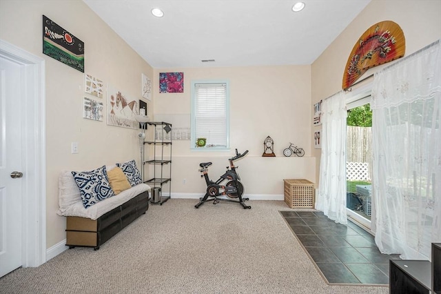 44 Sachem St, Waltham, MA 02451 - workout room with carpet floors, baseboards, and recessed lighting