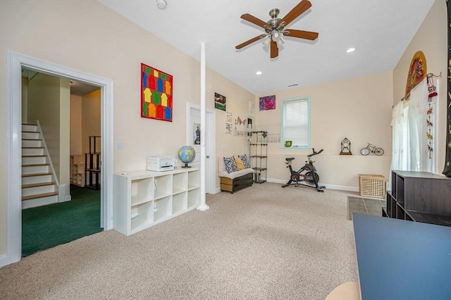 44 Sachem St, Waltham, MA 02451 - workout area featuring carpet floors, a ceiling fan, baseboards, and recessed lighting