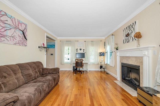 44 Sachem St, Waltham, MA 02451 - living area with light wood finished floors, a fireplace, crown molding, and baseboards