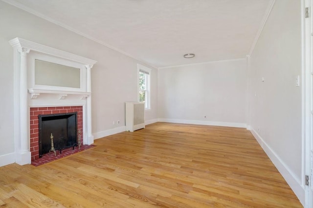 204 Maple St, Boston, MA 02132 - unfurnished living room featuring light wood-type flooring, ornamental molding, and a fireplace