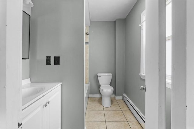 full bathroom with shower / bath combination, vanity, a baseboard radiator, tile patterned flooring, and toilet