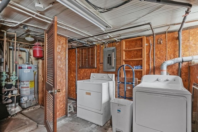 laundry room featuring electric panel, water heater, and separate washer and dryer