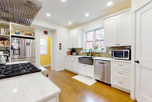12 Lester Ter, Somerville, MA 02144 - kitchen featuring appliances with stainless steel finishes, a sink, custom exhaust hood, light countertops, and light wood-style flooring