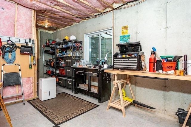 unfinished basement featuring a workshop area