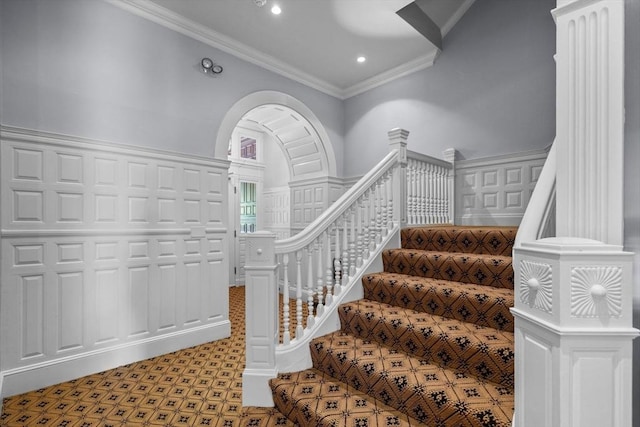 316 Beacon St Unit 1, Boston, MA 02116 - stairway featuring crown molding and recessed lighting