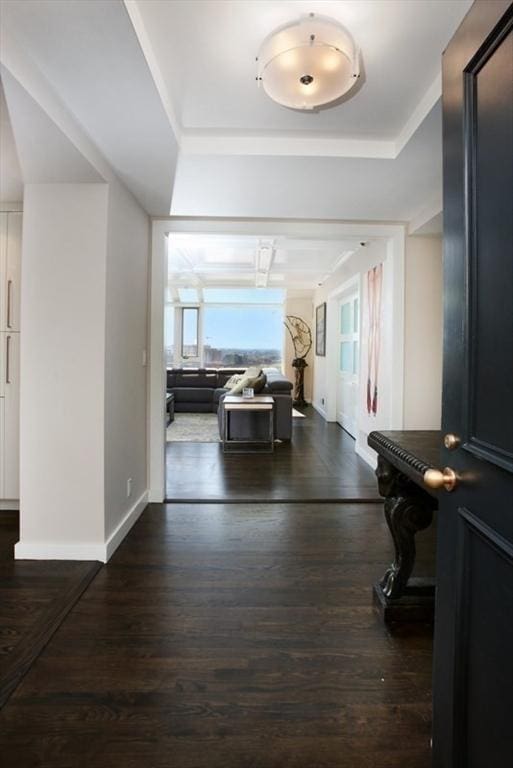 hallway with a tray ceiling and dark wood-type flooring