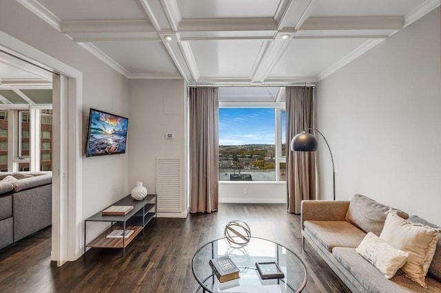 living room with ornamental molding, dark wood-type flooring, and beamed ceiling