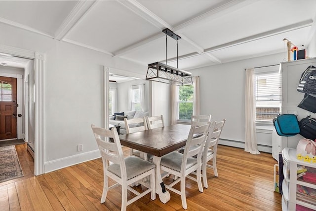 59-61 Elm St, Andover, MA 01810 - dining area featuring healthy amount of natural light, light wood finished floors, coffered ceiling, a chandelier, and beam ceiling