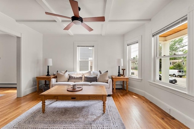 59-61 Elm St, Andover, MA 01810 - living area with coffered ceiling, light wood-type flooring, beam ceiling, ceiling fan, and baseboard heating