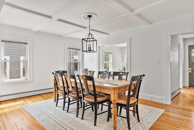 59-61 Elm St, Andover, MA 01810 - dining space featuring coffered ceiling, baseboard heating, light wood-style flooring, beam ceiling, and a chandelier