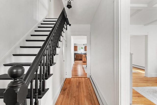 59-61 Elm St, Andover, MA 01810 - stairway featuring baseboard heating, hardwood / wood-style flooring, and a baseboard radiator
