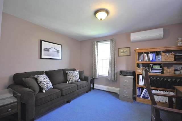 carpeted living area with baseboard heating, baseboards, and a wall mounted AC