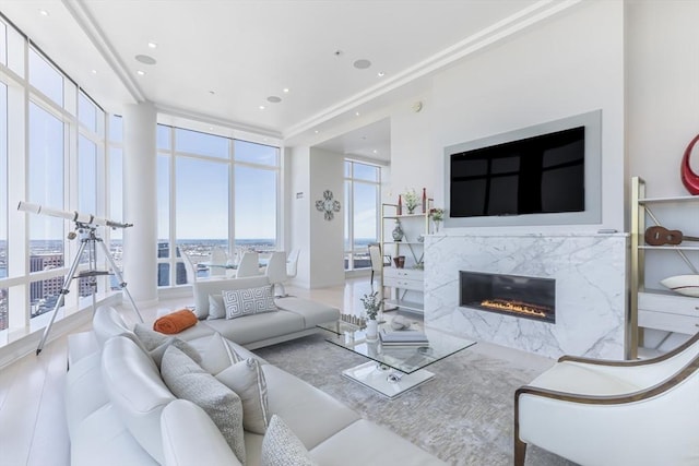 living room with a fireplace, wood finished floors, and recessed lighting