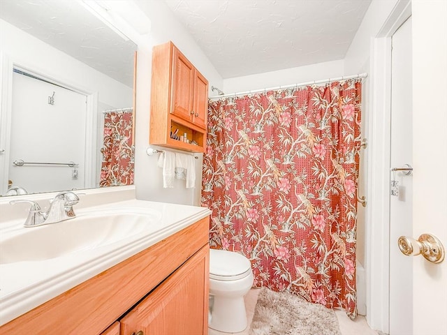 full bathroom with toilet, vanity, a shower with curtain, and tile patterned floors